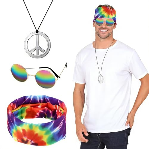 Modurio Hippie Kostüm Accessoires, 60er & 70er Hippie Kostüm Herren Damen mit Peace Halskette Anhänger Batik Stirnband & Sonnenbrille für Cosplay Party, Fasching Karneval Motto Party, Halloween