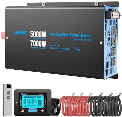 GIANDEL 5000W Pure Sine Wave Power Inverter 12V to 120V AC,7000W Max,Compatible with All 12V Batteries,Dua Remote,2x20Amps outlets,1x45amps Hardwire Ports,FCC Approved for RV Campers Off-Grid Solar