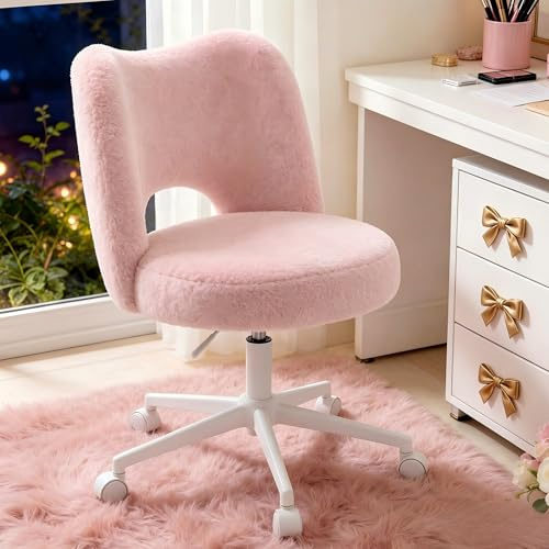 Cliporix Vanity Chair for Girls Bedroom, Cat-Ear Design, Teddy Fleece | Hollow-Out Back Support,Height Adjustable, 360° Swivel & 45cm Wide Seat, Armless Pink Dressing Table Chair for Home Office