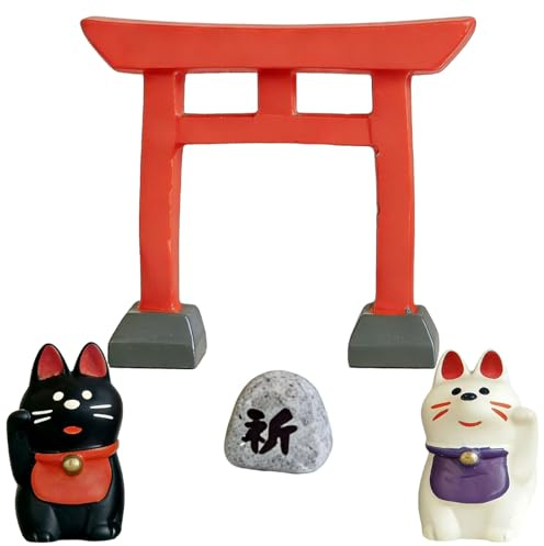 Lot de 4 portails torii japonais et renard porte-bonheur - En résine - Décoration miniature pour bonsaï/jardin féérique/bureau - Pour les amateurs de culture, les amateurs de jardinage, les amateurs