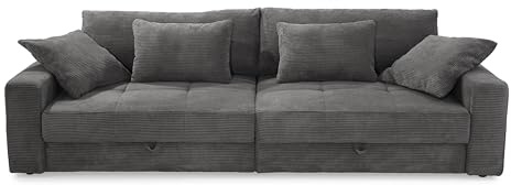 luma-Home 15261/ Big-Sofa Lounge-Couch mit 2 Bettkästen, Dunkelgrau | B284/T113/H84 cm, Wellenunterfederung, gesteppte Sitzfläche, Rückenkissen & Zierkissen, moderner weicher Cord-Bezug