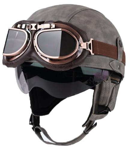 KKVGP Retro halvhjälm for motorcykel i tysk stil med glasögon, Retro hjälmar med öppet ansikte DOT/ECE-godkända, Vuxna män kvinnor Keps for cykelkryssarscooter(16,M=57~58cm)