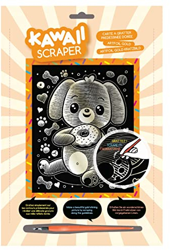 MAMMUT 8261622 - Artfoil, Kratzbild, Tiermotiv, KAWAII Hund, gold, Komplettset mit Kratzbild, Kratzmesser und Anleitung, Scraper, Scratch, glänzend, Kratzset für Kinder ab 8 Jahre
