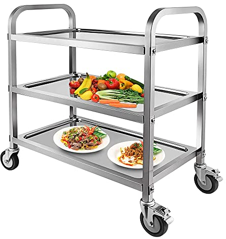 Nisorpa 3 Tier Stainless Steel Catering Trolley Wheels Utility Cart Kitchen Cart Serving Trolley with Locking Wheels for Kitchen Hotels - 750x400x835MM