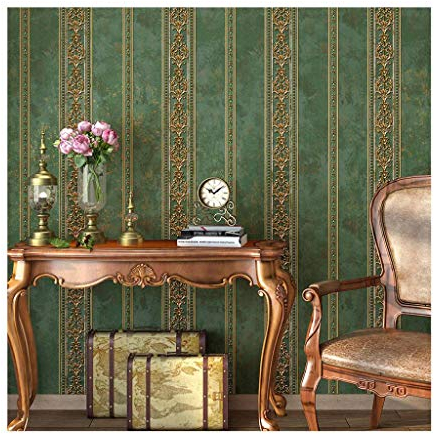 JLWM Tapete Barock Vlies, Vliestapete Barocktapete 3d Linderung Amerikanisch Vintage Pastoral Europäischer Stil Luxuriös-Grün A-0.53x10m