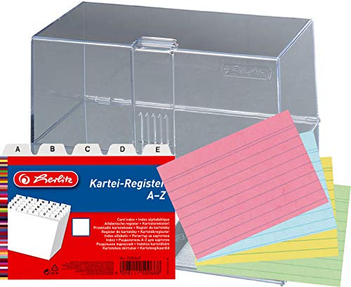 Herlitz Karteikasten A6 transparent inklusive Karteiregister A - Z und 200 Karteikarten farbig sortiert