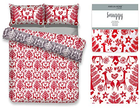 AmeliaHome Juego de Ropa de Cama de 2 Piezas de Franela de 155 x 220 cm con 1 Funda de Almohada de 80 x 80 cm, 100% algodón, con Cremallera, Snuggy Rudolph Renos Blanco, Rojo y Gris