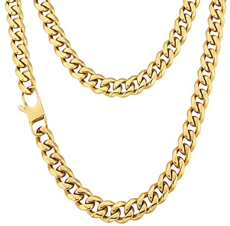 KRKC&CO 9mm Cuban Link Chain Edelstahl, 18K Gold beschichtet Panzerkette für Herren, Edelstahl Panzerkette Herren Goldketten Cuban Chains, Hip Hop Kette für Männer Jungen, Länge 45,7cm