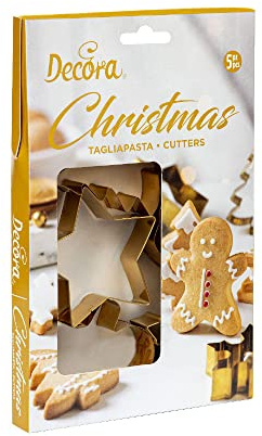 Decora 0255410 Ausstecher Weihnachten, aus vergoldetem Stahl, aus Kunststoff, das ideale Set für Dekorationen aus Zuckerpaste oder Gummipaste, Made in Italy, originelles Design. Packung mit 5 Stück.