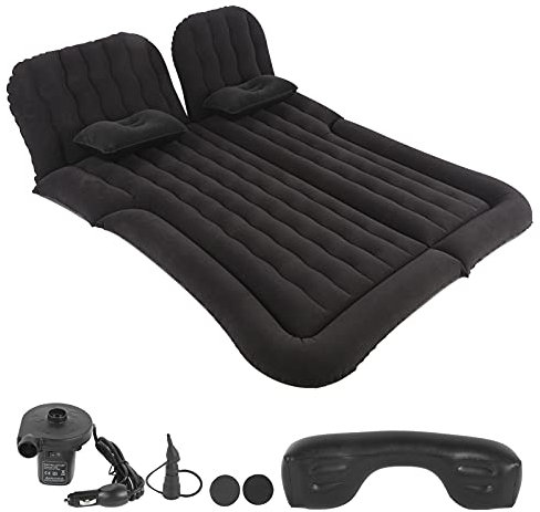 Luftmatratze Campingbett Kissen Kissen, Aufblasbares Verdicktes Auto Luftbett mit 12V Inflatorpumpe, Beflockung Oberfläche Auto Luftmatratze Beflockte PVC Rückenmatratze für Reisen (Schwarz)