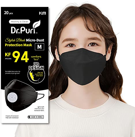 Dr.Puri [20 Pack New Micro-Dust Protection Face Premium Mask (KF94) Black Medium