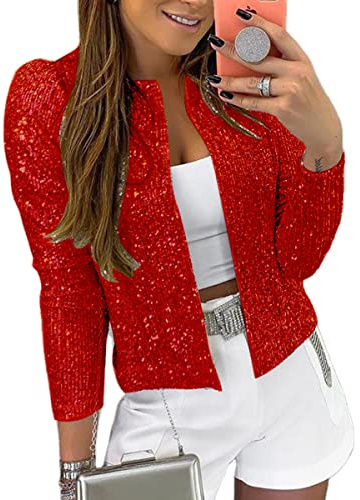 Sequin Jacket for Women Club Long Sleeve Open Front Blazer Cardigan Red XXL