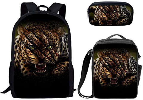 Binienty Jungen Rucksack Kinder Elementary Bookbag Schultasche mit isolierter Lunchbox Tragetasche und Federmäppchen, Geparden-3, Einheitsgröße