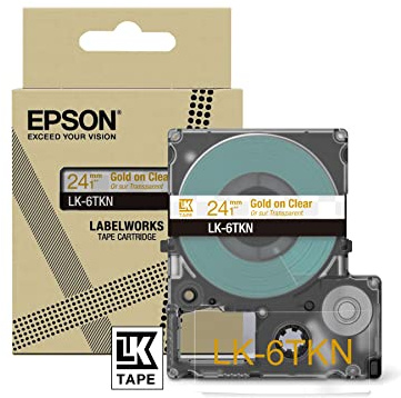 Epson Etikettenkassette, Metallicband LK-6TKN gold auf transparent, langlebiges Beschriftungsband für Epson LabelWorks Etikettendrucker, wasser- & verschleißfest, 9 m x 24 mm
