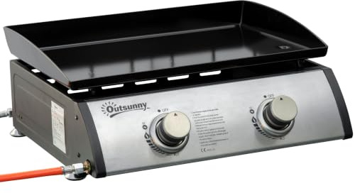 Outsunny Plancha de Gas Sobremesa 2 Quemadores 48,5x48x21cm Negro Plata | Quemadores de Acero Inoxidable, 6kW, Barbacoa Portátil con Plancha, para Picnic Camping