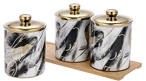 BTSKY White and Black Ceramic Canisters Set with Lid and Wood Tray - Airtight Set of 3 Storage Canisters Food Storage Containers Pots Jars with Gold Ceramic Lid for Kitchen Counter