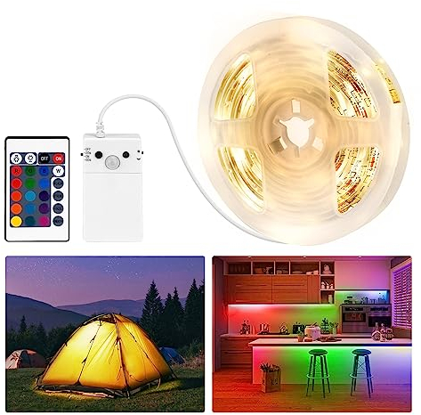 LED Strip Bewegungsmelder Batteriebetrieben,2M Wasserdichtes RGB+Warmweiß 120 LED Lichtband mit Fernbedienung,PIR Bewegungssensor,Nachtmodus,Konstantlichtmodus,Dimmbar LED Nachtlicht für Bett Korridor