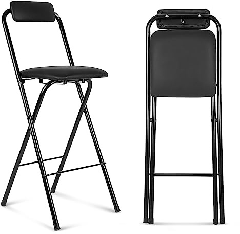 Thyle 1 Pcs Folding Bar Stool with Backrest, Tall Foldable Stool Chair Portable High Folding Bar Chair Counter Height Seat Leather Padded for Kitchen Island Shop Cafe Dining Room Black (25.5 Inch)