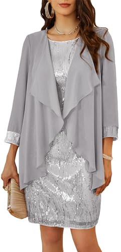 GRACE KARIN Women Formal Speacil Occasion Cocktail Dress with Blouse Sequins Round Bodycon Silver White M
