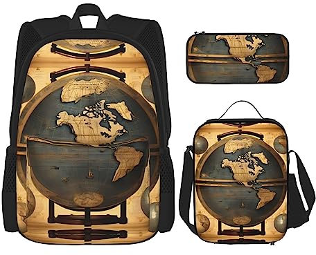 OdDdot Rucksack mit Weltkugel aus der Antike Welt, Reiserucksack, leicht, wasserabweisend, Büchertasche, mit Lunch-Tasche, Federmäppchen, Antike Welt Globus, Einheitsgröße