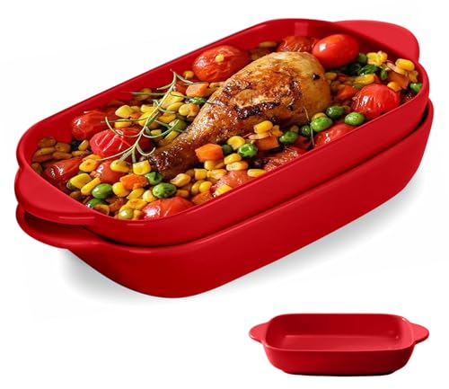 MeYuxg Juego de 2 moldes para lasaña, 23 x 13 cm, para horno pequeño, esmaltado multicolor, molde rectangular de cerámica para lasaña, hornear, comida gourmet, resistente al calor (rojo)