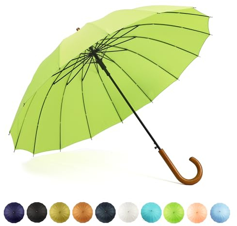 SoulRain 16 Rippen 121,9 cm Stockschirm, automatisches Öffnen, einfarbig, modisch und einfach, bogenförmiger klassischer Holzgriff, winddicht, unzerbrechlich, Regenschirm (Limette)