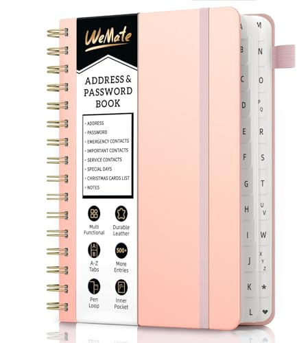 WEMATE Spiraladressbuch mit alphabetischen Registerkarten, Leder-Passwortbuch, Adress-Organizer, Telefonnotizbuch, Tagebuch, Kontaktsicherheit, Hardcover, Großdruck, Senioren, Heimbüro, 14 x 20 cm