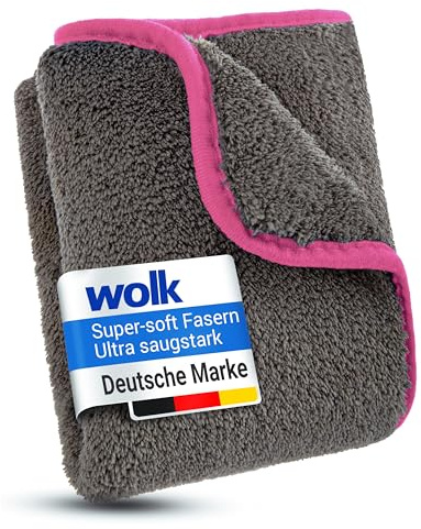 wolk Auto Trockentuch 1200 GSM, Mikrofasertuch Auto 40x40 cm, saugstark | 1200 GSM Premium-Mikrofaser für hohe Wasseraufnahme. Fusselfrei, lackschonend und streifenfrei in Grau/Pink.