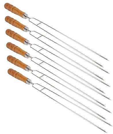 Kisangel 6 Stück Edelstahl Grillspieße Mit Doppelter Spitze Und Holzgriff Für Outdoor Bbq Wiederverwendbare Bratenstäbchen Spülmaschinenfest Und Rostfrei