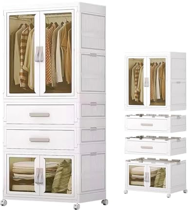 KAMPCO Tragbarer Kleiderschrank mit Rollen, Faltbarer großer Kleiderschrank aus Kunststoff, Schlafzimmer-Schrank-Organizer, Garderobenschrank mit Hängestange und magnetischer transparenter Tür