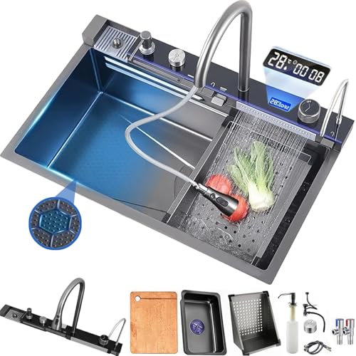 Kitchen Sink Deluxe Smart Waterfall Kitchen Sink New Multifunctional Stainless Steel Sink Home Utility Sink with Sink Accessories Suitable for Kitchens, Bars, Apartments (Dark Gray, 80 * 45cm)