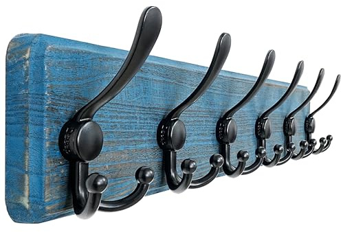 Dseap Coat Rack Wall Mounted - 24 Long 6 Tri Hooks, Heavy Duty Wooden Wall Coat Hanger Coat Hook for Clothes Hat Jacket Clothing, Weathered Blue and Black
