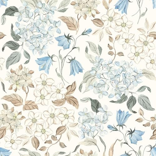 VEELIKE Blue Hydrangea Flower Wallpaper Self Adhesive Beige Floral Wallpaper for Bedroom Bathroom 44.5 cm x 300 cm Botanical Art Deco Wall Paper Roll Living Room Patterned Leaf Contact Paper for Walls
