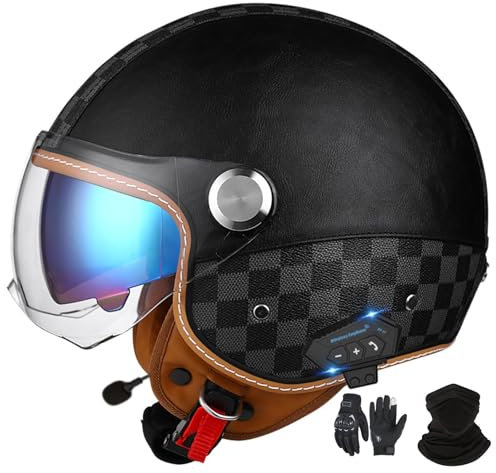 GNIUBBDB Jet Casco Moto Bluetooth Con Certificazione ECE, Pelle Scooter per Adulti Uomo Donna Con Doppia Visiera Parasole