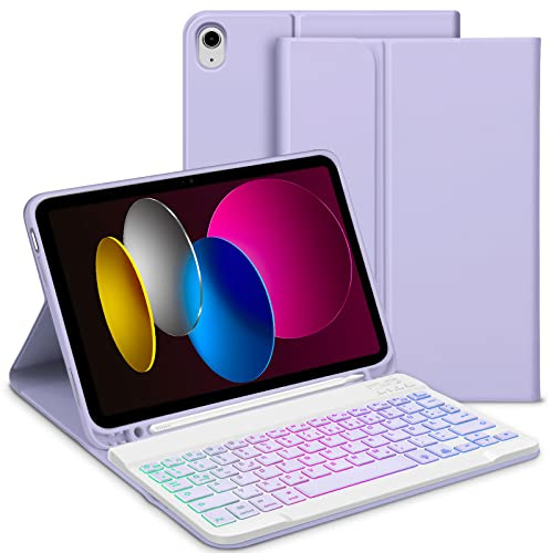 Bettdow für iPad A16 11.Generation 2025/10.Generation 2022 Tastatur Hülle, QWERTZ Layout Abnehmbarer Beleuchtete Tastatur, Hülle mit Stifthalter für iPad 10.Gen 10,9/ 11.Gen 11, Lila