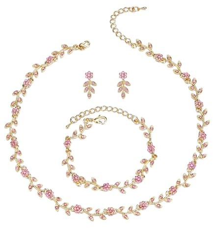 Clearine Conjunto de joyas de boda para mujer, deslumbrante y sorprendente conjunto de flor de cristal y hoja en racimo, gargantilla, pulsera de eslabones, pendientes para novia y dama de honor