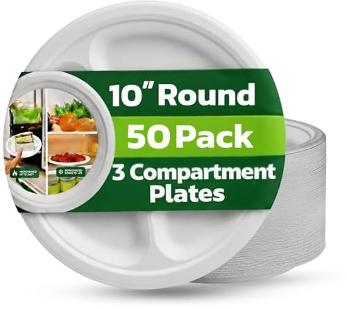 Disposable 3 Compartment Bagasse Plates (10 inch, 50 Pack) – Heavy Duty Biodegradable Paper Plates | Compostable Eco-Friendly Divided Natural Sugarcane Fibres – Microwave & Freezer Safe for Parties