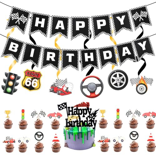 24 Stück Auto Geburtstagsdeko,Race Car Tortendeko,Rennwagen Happy Birthday Banner Deko,Kindergeburtstag Deko Auto für Jungen Mädchen Racing Thema Hot Wheels Happy Birthday Party Supplies