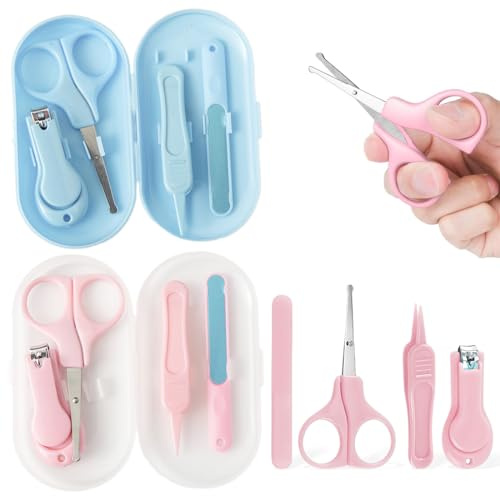 2 juegos de manicura para bebés, 4 tijeras para uñas infantiles, herramientas de enfermería, kit para juego de tijeras con puntas redondeadas, cortaúñas y limas y pinzas para uñas para bebé en estuche