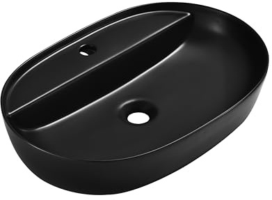 Omeble Waschbecken Oval Keramik - 60 x 40 x 13 cm - Aufsatzwaschbecken schwarz matt für das Badezimmer und Gäste-WC - Waschschale - Aufsatzbecken - Handwaschbecken -Design