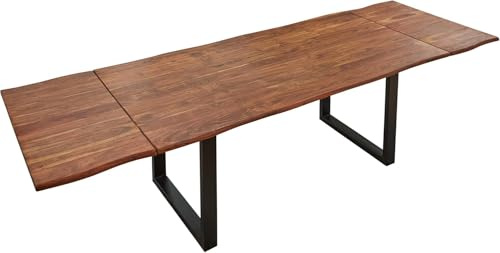 SAM Baumkantentisch 120 (200) x 90 cm Norina, Akazienholz massiv & nougatfarben lackiert, Esszimmertisch inkl. 2 Ansteckplatten, echte Baumkante, Esstisch mit U-Metallgestell in Schwarz