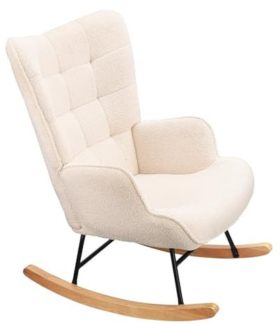 DAHUEN Schaukelstuhl mit Rückenlehne und Armlehnen, Schaukelstuhl für Erwachsene aus Plüsch, Relaxsessel, Gestell aus Massivholz und Metall, Wohnzimmerstuhl (beige)