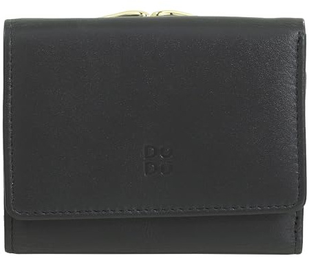DUDU Kleine Damen-Brieftasche aus Leder mit RFID-Schutz, Münzfach und Klickverschluss, kompakt, 6 Kartenfächer Black pop