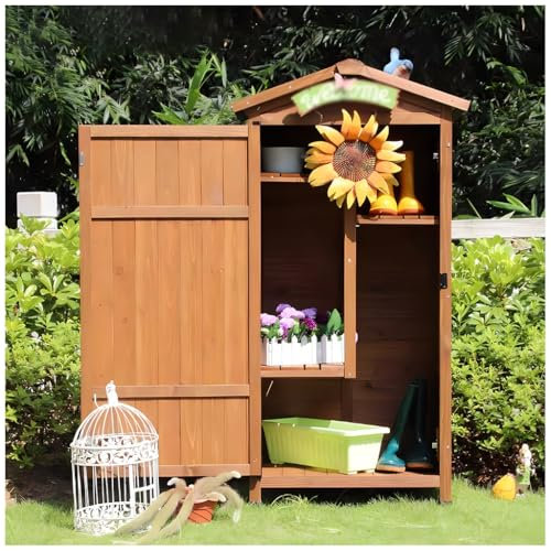 OWOHYG Blauer Gartenschrank Aus Holz Mit Pultdach, Geräteschuppen Für Den Außenbereich Zur Organisation Von Werkzeugen Und GerätenhuSNg16222-Brown-70x53x135cm
