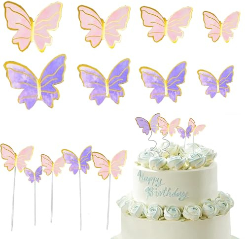 40 Pcs Butterfly Cake Decoration Purple and Pink Gold Trimmed Butterfly Decoration Birthday Party Cake Topper Suitable for ladies birthday, wedding party cake toppers