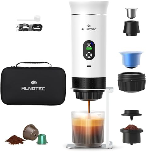 ALNOTEC Expresso Machine a Cafe Portable Electrique Auto Chauffante, 20BAR - 3 EN 1 Compatible Capsules NES, DG et Café Moulu 8g, 80ml - LED - Housse + Support inclus - Rechargeable USB-C,Nomade