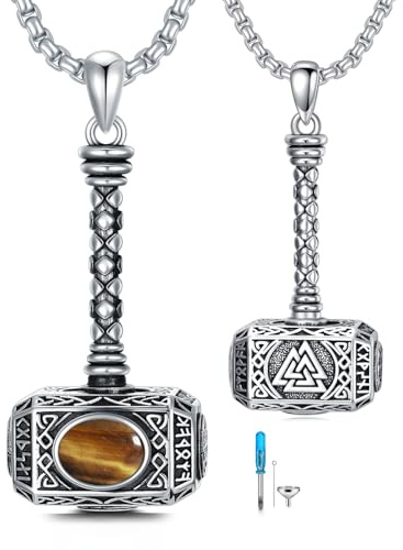 ROMANTICWORK Collar de martillo de Thors de plata de ley 925, turquesa obsidiana, ojo de tigre, collar de urna para cenizas, joyería vikinga de cremación para hombres y mujeres, unisex, Plata