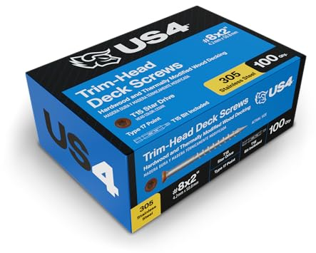 US4 - #8 x 2 Cedar Stainless Steel Trim Head Screws | Self-Drilling Screws for Decking, Flooring & Siding | T15 Star Drive | 305 Stainless Steel (100, #8 x 2 Inches)