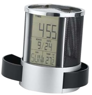 GARIOUANS Multifunction Pen Holder Clock with Digital Date Week Temperature Display Metal Mesh Organizer for Desk Office Home Electronic Calendar Container for Pens and Small Items