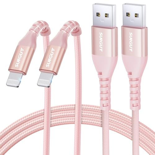 SUNGUY Cavo di ricarica per iPhone, 2 pezzi da 1.5m, USB a Light-ning cavo in nylon compatibile con Carplay iPhone 14/13/12/11 Pro Max Mini Xs 8 7 6 5 Plus, iPad Air/Mini Rosa